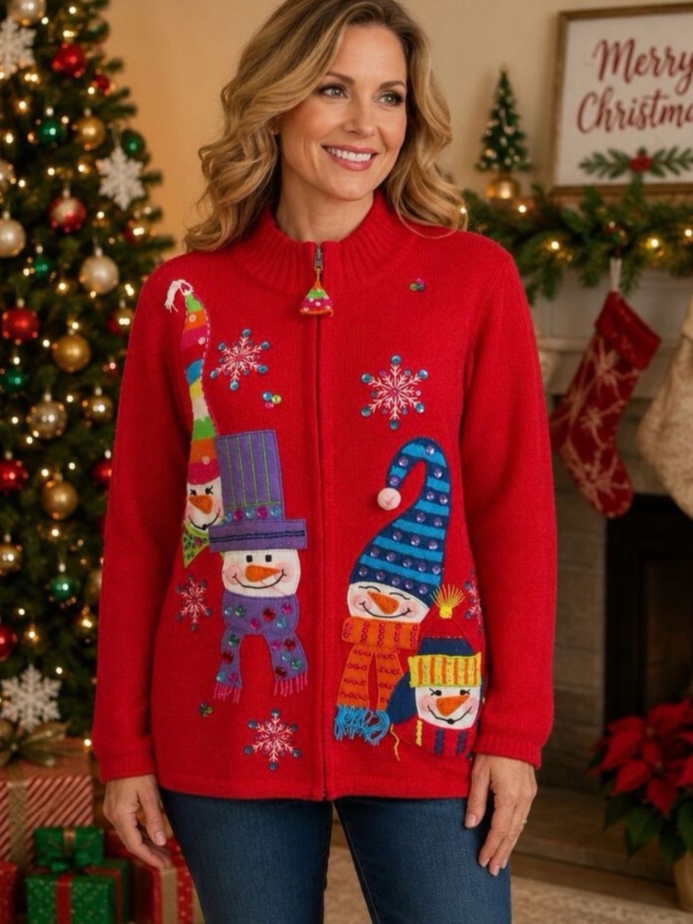 Vintage Tiara International XL Zip Up Knit Christmas Sweater Snowman Grannycore